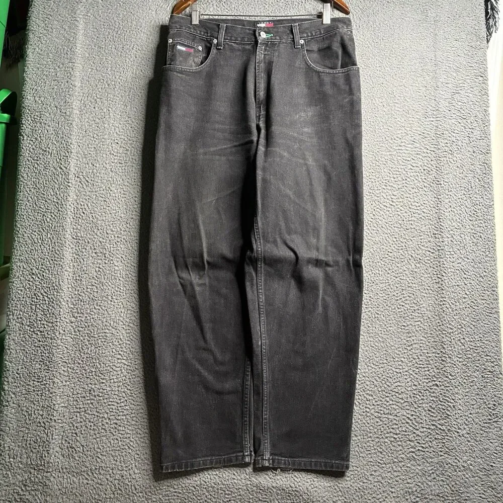 Vtg 90s Tommy Hilfiger Mens 34x29 Baggy Denim Jeans Black Whiskered Flag